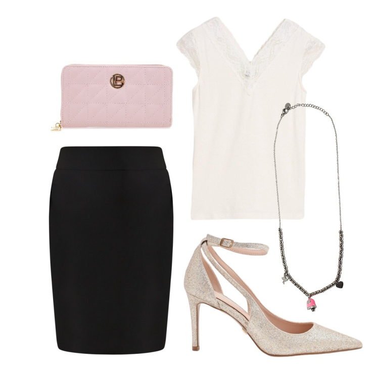 Outfit donna - Nuova stagione. Stile Chic per Serata fuori. Abbinamento con canottiere, gonne, décolleté, ciondoli, portafogli.