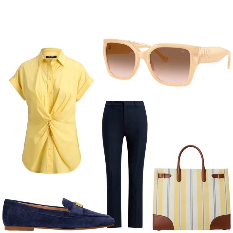 Outfit donna - Al lavoro. Stile Casual chic per Ufficio. Abbinamento con camicie a manica corta, mocassini, occhiali da sole, borse tote, pantaloni.