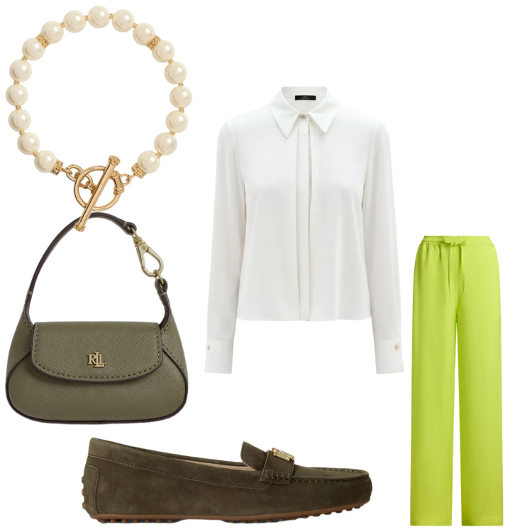 Outfit donna - Gemini. Stile Casual chic per Ufficio. Abbinamento con camicie, pantaloni, collane, mocassini, ciondoli.