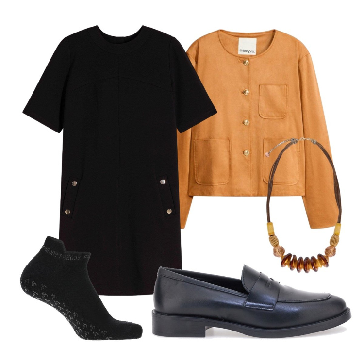 Outfit donna - Stiloso dress. Stile Urban per Ufficio. Abbinamento con vestiti corti, blazer, calzini, collane, mocassini.