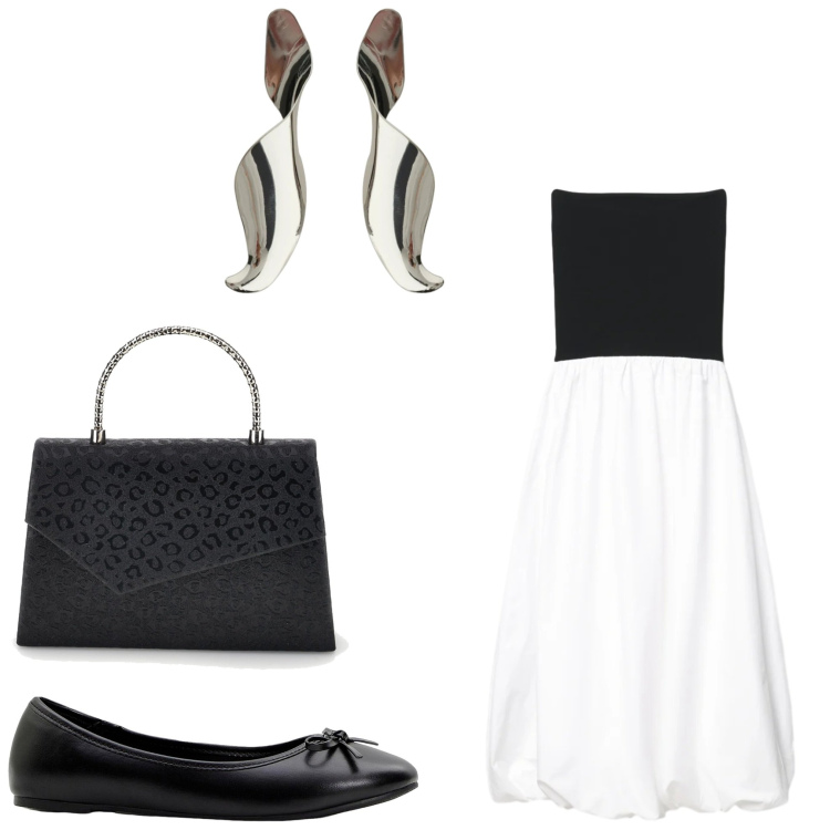 Outfit donna - Vacanze romane. Stile Bon Ton per Serata fuori. Abbinamento con ballerine, vestiti midi/longuette, orecchini, pochette.
