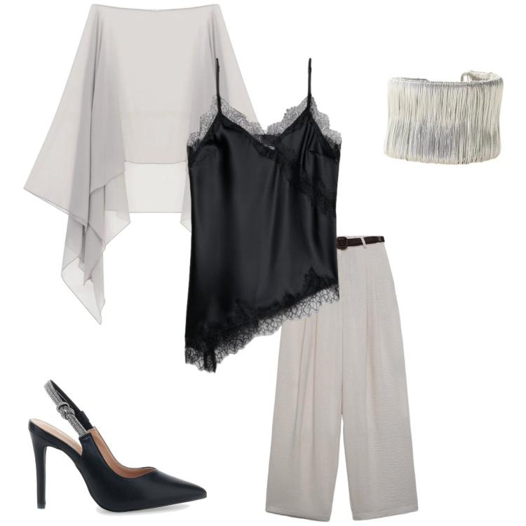 Outfit donna - Pizzo e trasparenza. Stile Glamour per Serata fuori. Abbinamento con pantaloni, canottiere, cappe, braccialetti, décolleté.