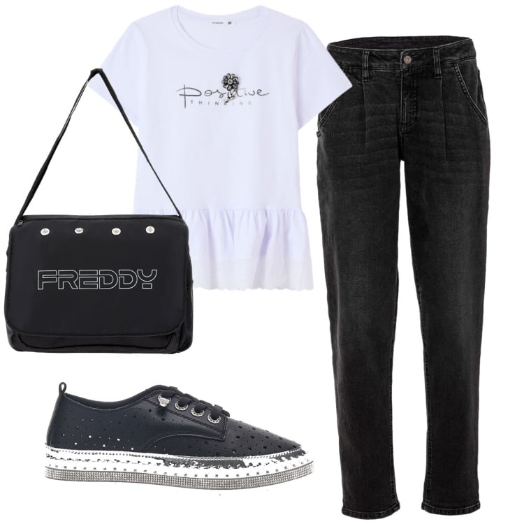 Outfit donna - Total look #2414003. Stile Casual per Scuola/Università. Abbinamento con jeans, t-shirt, borse messenger, scarpe stringate.