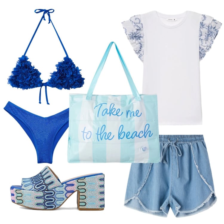 Outfit donna - Portami in spiaggia. Stile Trendy per Mare. Abbinamento con t-shirt, shorts, bikini, borse tote, bikini, sabot.