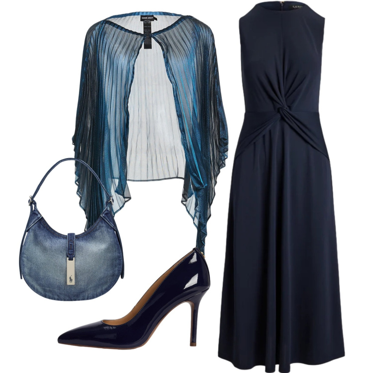 Outfit donna - Total look #2414024. Stile Chic per Cerimonia. Abbinamento con cappe, vestiti senza maniche, décolleté, borse a spalla.