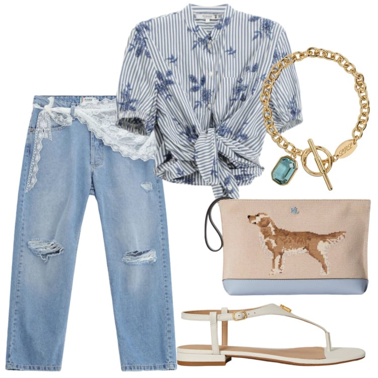 Outfit donna - Ore in libertà. Stile Casual chic per Tutti i giorni. Abbinamento con camicie a manica corta, jeans strappati, sandali in pelle, braccialetti, pochette.
