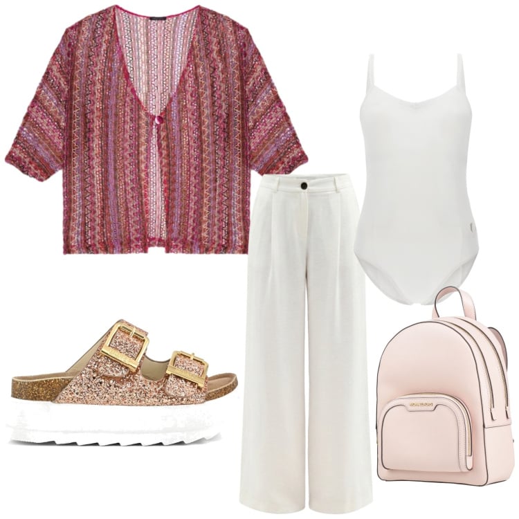Outfit donna - Total look #2414031. Stile Minimal per Serata fuori. Abbinamento con zaini, pantaloni a palazzo, body, kimono, sandali.