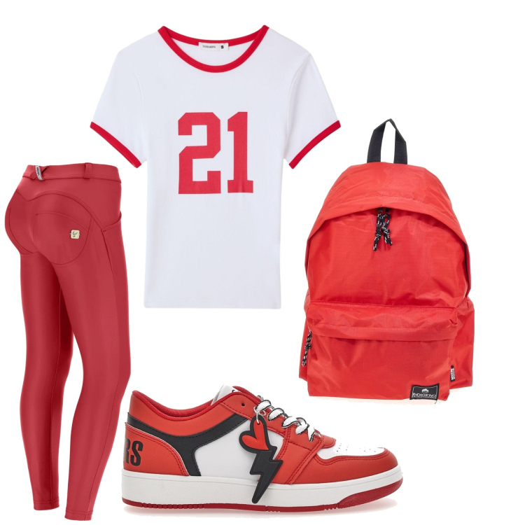 Outfit donna - Total look #2414032. Stile Sporty chic per Sport. Abbinamento con t-shirt, pantaloni skinny, sneakers, zaini.