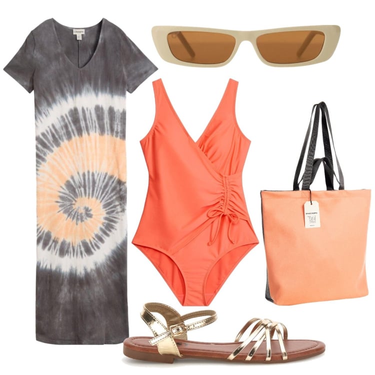 Outfit donna - Arancione & Grigio. Stile Etnico per Mare. Abbinamento con vestiti, costumi interi, borse tote, occhiali da sole, sandali.