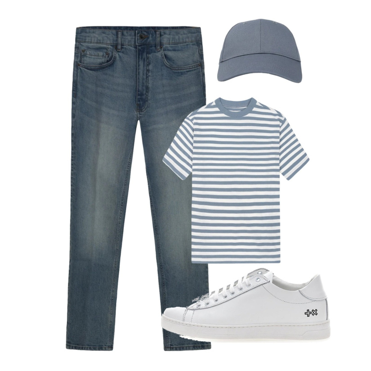 Outfit uomo - Tempo libero. Stile Casual per Tutti i giorni. Abbinamento con cappelli con visiera, jeans, t-shirt, sneakers.