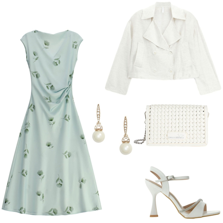 Outfit donna - Uscita romamtica. Stile Chic per Serata fuori. Abbinamento con vestiti midi/longuette, sandali gioiello, blazer, borse a tracolla, orecchini.