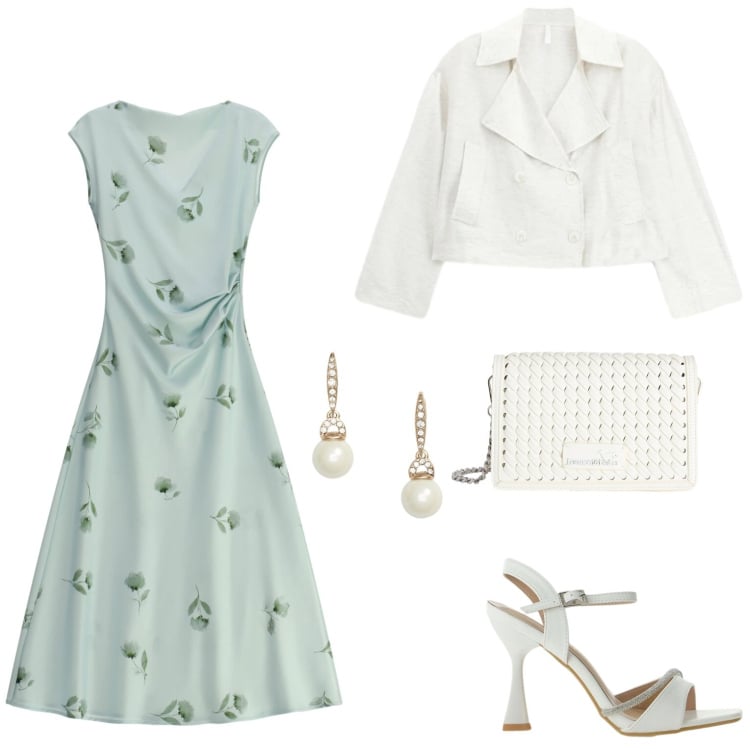 Outfit donna - Uscita romantica. Stile Chic per Serata fuori. Abbinamento con borse a tracolla, vestiti midi/longuette, sandali gioiello, blazer, orecchini.