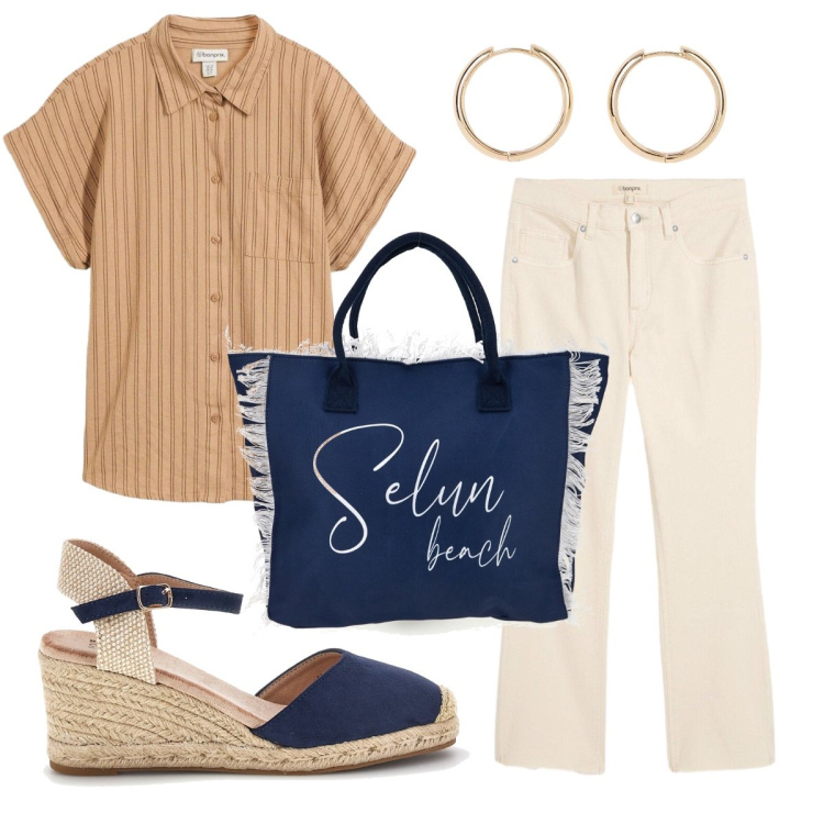 Outfit donna - Blu & Beige a giugno. Stile Casual chic per Tutti i giorni. Abbinamento con jeans bootcut, orecchini, camicie a manica corta, zeppe, shopping bag.