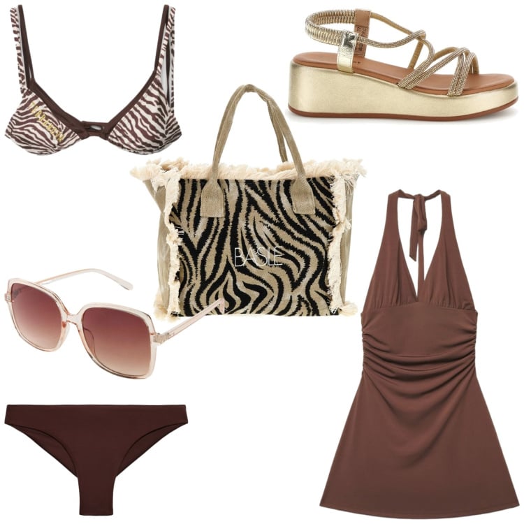 Outfit donna - Parola d\'ordine bikini. Stile Trendy per Mare. Abbinamento con occhiali da sole, vestiti corti, bikini, bikini, borse a spalla, sandali.