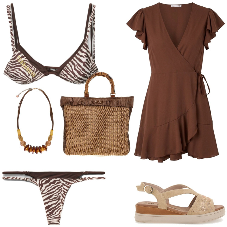 Outfit donna - Il bikini animalier. Stile Minimal per Mare. Abbinamento con vestiti corti, bikini, bikini, collane, sandali, borse a mano.