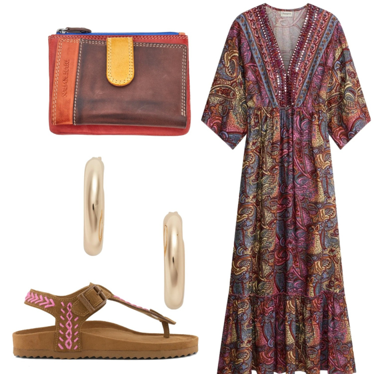 Outfit donna - Total look #2414042. Stile Etnico per Tutti i giorni. Abbinamento con vestiti lunghi, orecchini, portafogli, infradito.