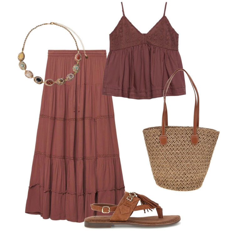 Outfit donna - Città etnica. Stile Etnico per Tutti i giorni. Abbinamento con gonne lunghe, canottiere, collane, sandali, borse a spalla.