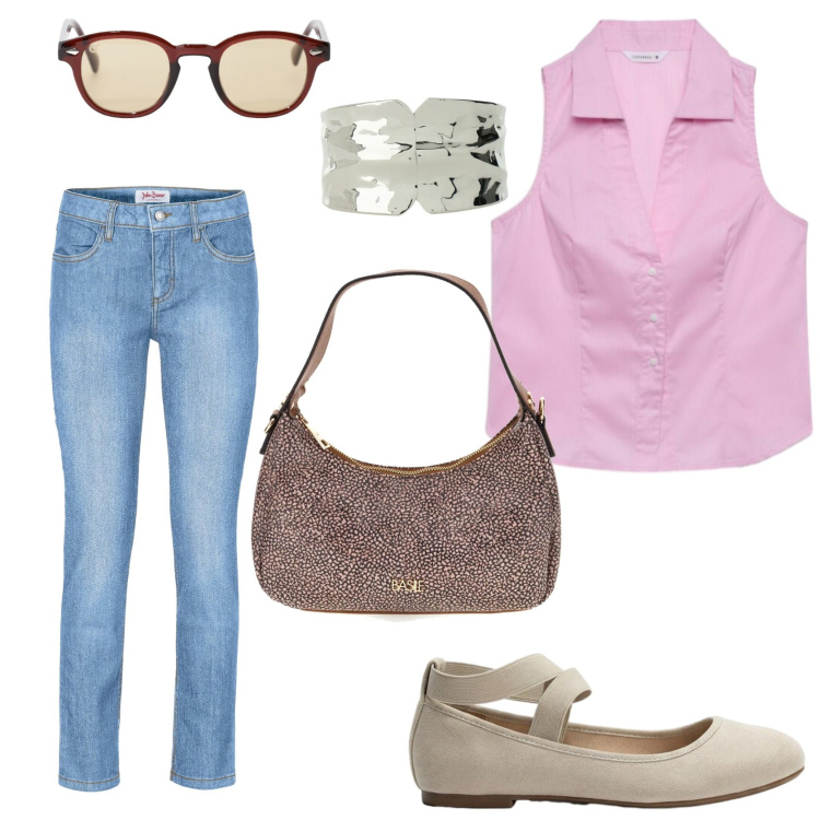 Outfit donna - Camicia + Cropped jeans. Stile Casual per Tutti i giorni. Abbinamento con jeans slim fit, ballerine, camicie a manica corta, occhiali da sole, braccialetti, borse a tracolla.
