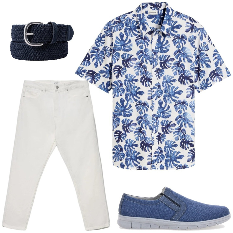 Outfit uomo - Vacanze. Stile Trendy per Serata speciale. Abbinamento con camicie a manica corta, jeans, cinture, sneakers.
