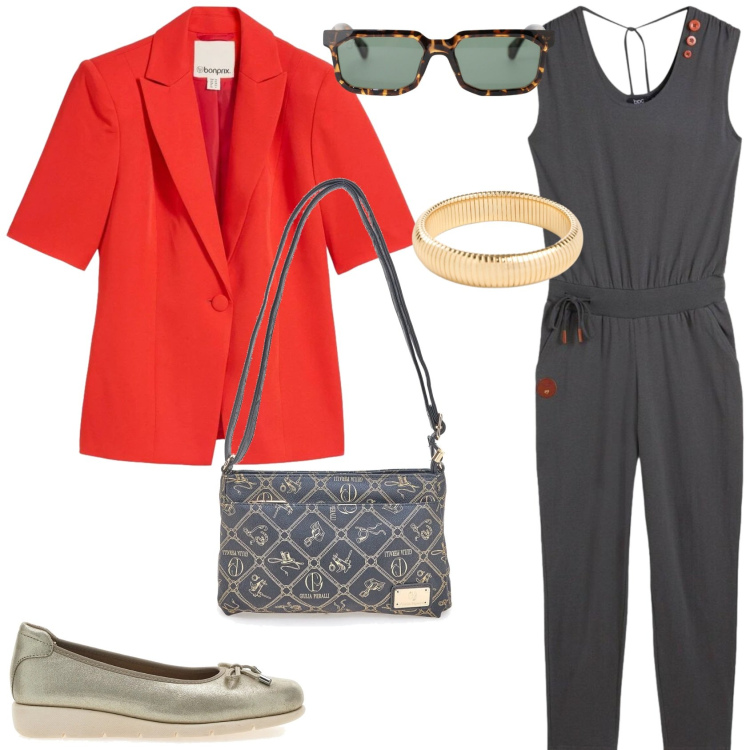 Outfit donna - Una uscita nel pomeriggio. Stile Casual chic per Tutti i giorni. Abbinamento con blazer, tute, braccialetti, occhiali da sole, ballerine, borse a tracolla.
