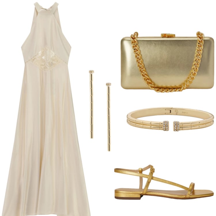 Outfit donna - Matrimonio in spiaggia. Stile Chic per Cerimonia. Abbinamento con vestiti lunghi, sandali in pelle, clutch, orecchini, braccialetti.