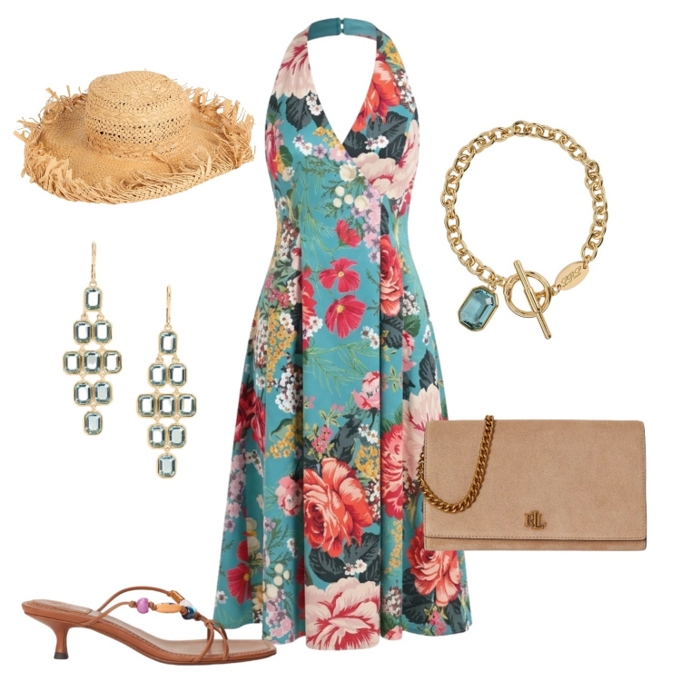 Outfit donna - Evento al mare. Stile Chic per Cerimonia. Abbinamento con cappelli, vestiti midi/longuette, sandali gioiello, borse a tracolla, orecchini, braccialetti.