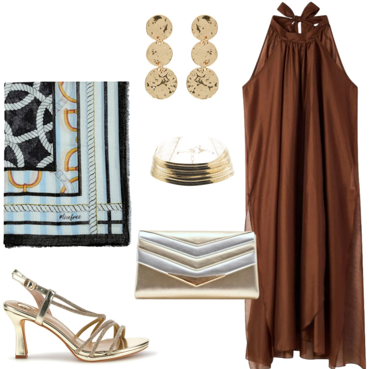 Outfit donna - L\'abito da sera color rame. Stile Glamour per Cerimonia. Abbinamento con vestiti lunghi, pochette, braccialetti, foulard, orecchini, sandali col tacco.