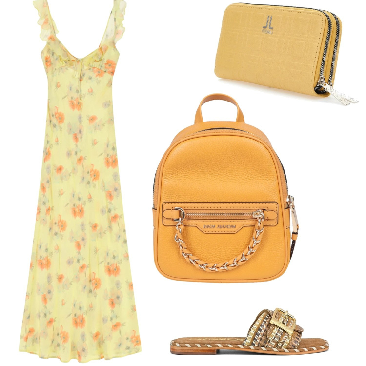 Outfit donna - Acquerello giallo. Stile Glamour per Tutti i giorni. Abbinamento con zaini, vestiti lunghi, portafogli, ciabatte.