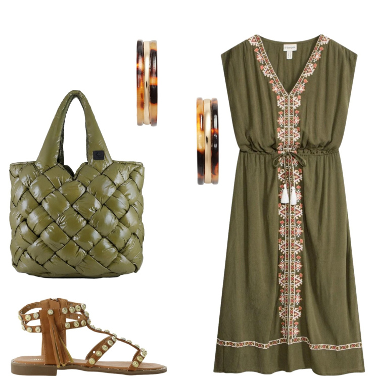 Outfit donna - Total look #2414060. Stile Etnico per Tutti i giorni. Abbinamento con vestiti midi/longuette, sandali, orecchini, borse tote.