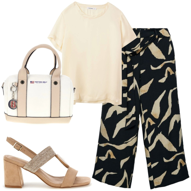 Outfit donna - Total look #2414061. Stile Casual per Tutti i giorni. Abbinamento con pantaloni, t-shirt, sandali col tacco, borse a mano.