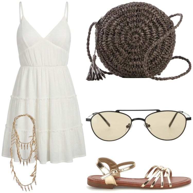 Outfit donna - Boho chic in città. Stile Boho per Tutti i giorni. Abbinamento con borse a tracolla, vestiti corti, occhiali da sole, collane, sandali.
