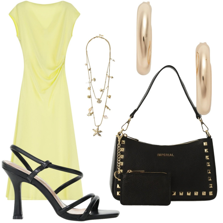 Outfit donna - Un tocco di giallo. Stile Bon Ton per Serata fuori. Abbinamento con vestiti midi/longuette, borse a spalla, sandali col tacco, collane, orecchini.