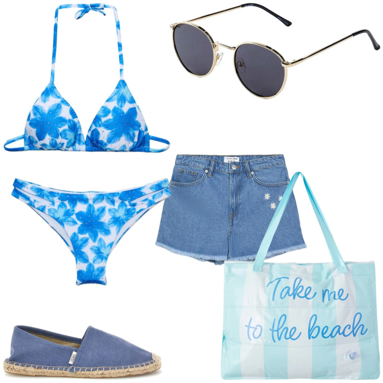 Outfit donna - Mare mare. Stile Casual per Mare. Abbinamento con occhiali da sole, bikini, shorts, borse tote, bikini, espadrillas.