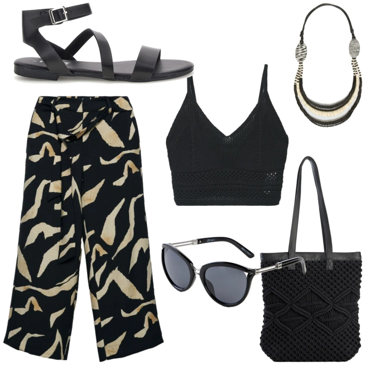 Outfit donna - Gita fuori porta. Stile Casual per Tutti i giorni. Abbinamento con occhiali da sole, shopping bag, pantaloni, top, collane, sandali.