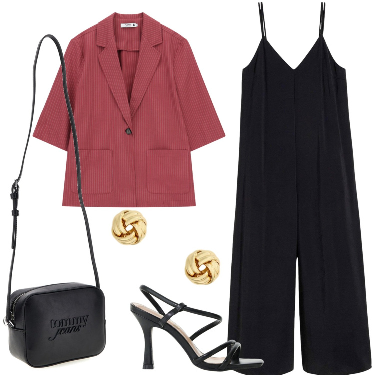 Outfit donna - Colorata a righe. Stile Bon Ton per Tutti i giorni. Abbinamento con tute, sandali col tacco, blazer, orecchini, borse a tracolla.