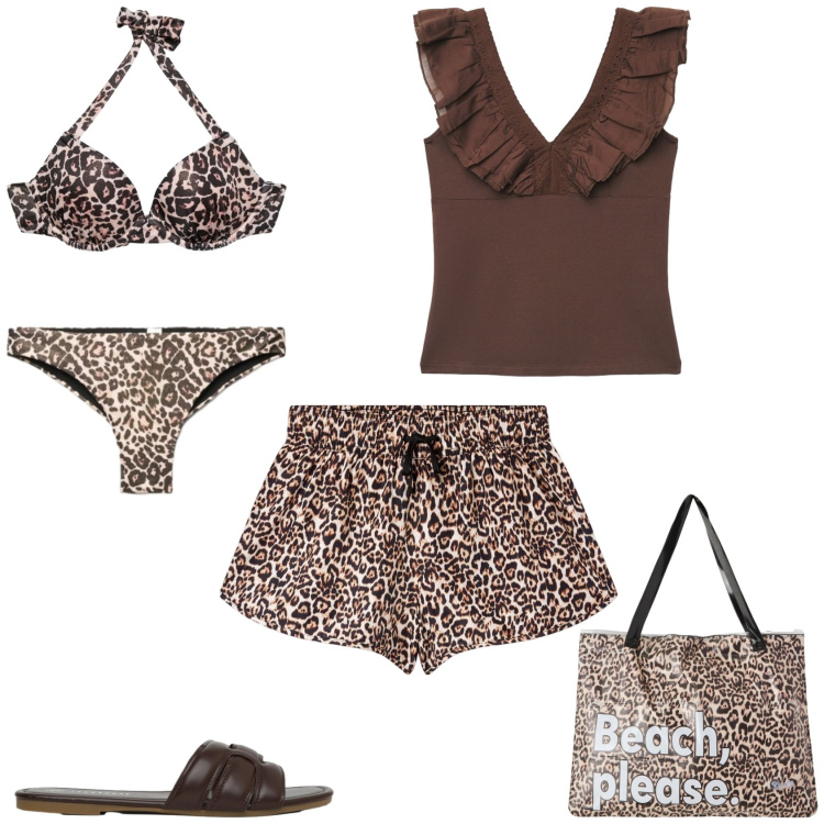 Outfit donna - Animalier al mare. Stile Casual per Mare. Abbinamento con top, bikini, shorts, borse tote, slip, ciabatte.