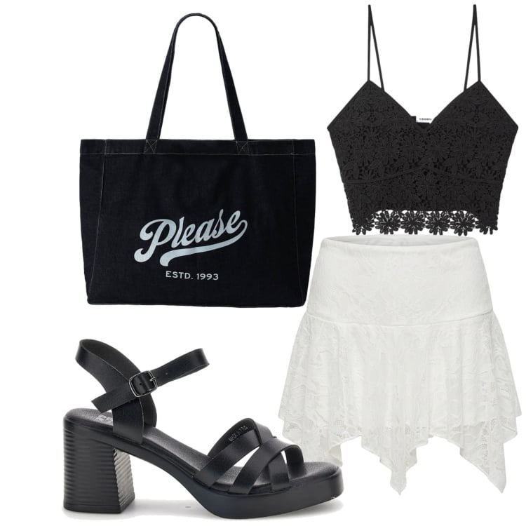 Outfit donna - Dettagli in pizzo. Stile Sexy per Tutti i giorni. Abbinamento con top, minigonne, shopping bag, sandali col tacco.