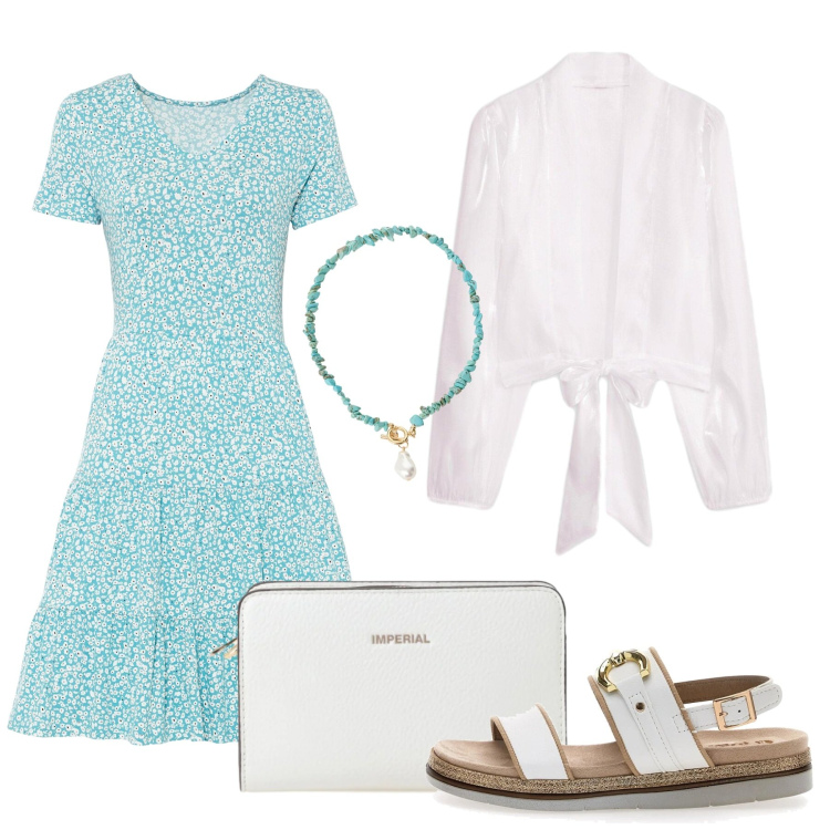 Outfit donna - L\' abito a balze. Stile Basic per Tutti i giorni. Abbinamento con vestiti, kimono, borse a tracolla, collane, sandali.