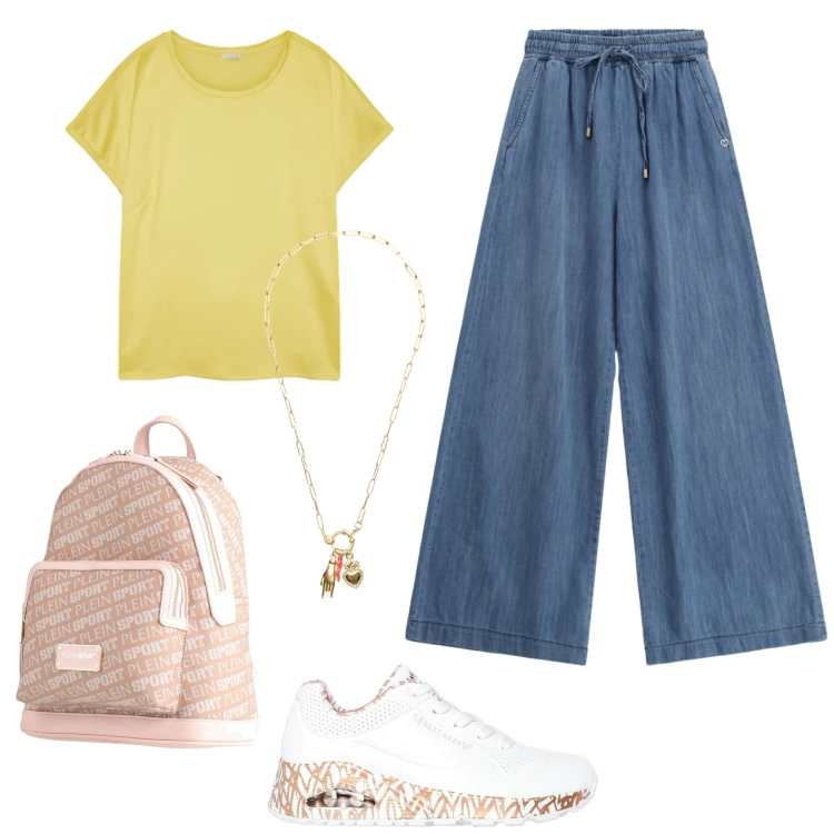 Outfit donna - La t-shirt gialla. Stile Casual per Tutti i giorni. Abbinamento con zaini, jeans, ciondoli, t-shirt, sneakers.