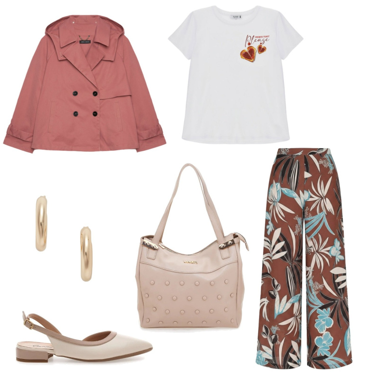 Outfit donna - Total look #2414076. Stile Sporty chic per Ufficio. Abbinamento con pantaloni a palazzo, t-shirt, trench, orecchini, ballerine, shopping bag.