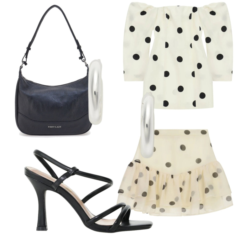 Outfit donna - Polka. Stile Bon Ton per Serata fuori. Abbinamento con sandali col tacco, minigonne, vestiti corti, orecchini, borse a tracolla.