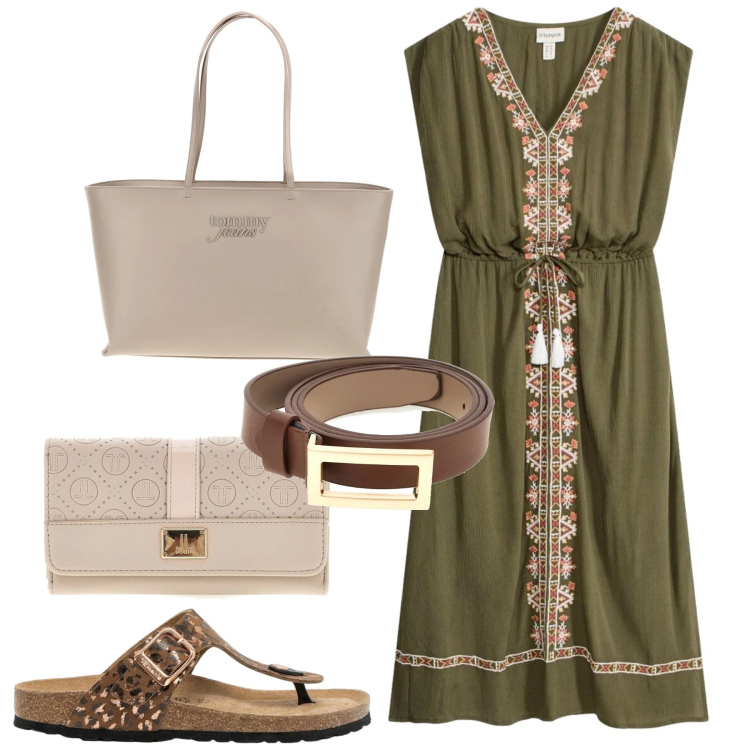 Outfit donna - Total look #2414079. Stile Etnico per Tutti i giorni. Abbinamento con vestiti midi/longuette, infradito, borse a spalla, portafogli, cinture.