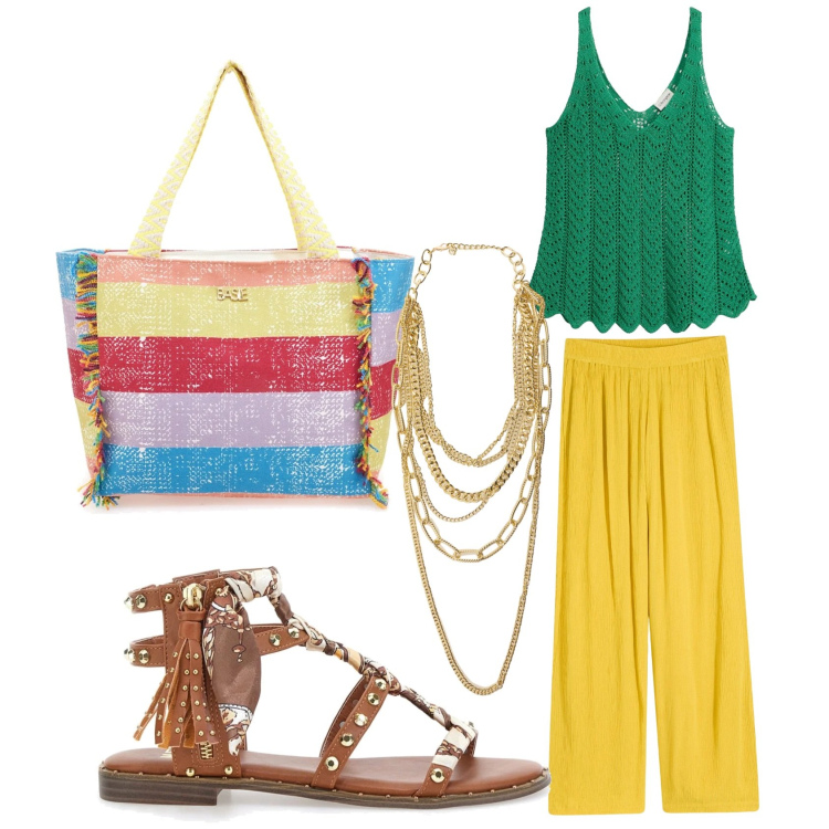 Outfit donna - Pantaloni giallo fluo. Stile Boho per Tutti i giorni. Abbinamento con canottiere, pantaloni, collane, shopping bag, sandali.