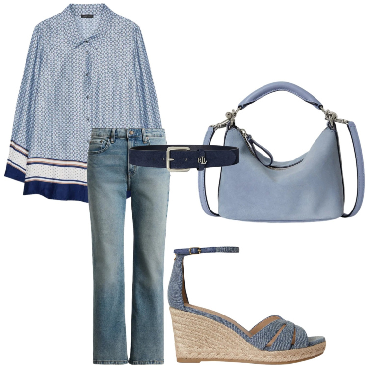 Outfit donna - Total look #2414082. Stile Casual chic per Ufficio. Abbinamento con camicie, zeppe, jeans dritti, borse a spalla, cinture.