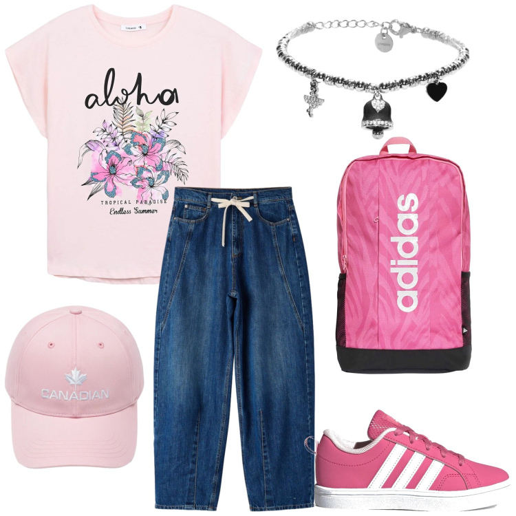 Outfit donna - Total look #2414086. Stile Basic per Scuola/Università. Abbinamento con t-shirt, jeans, braccialetti, berretti, sneakers, zaini.