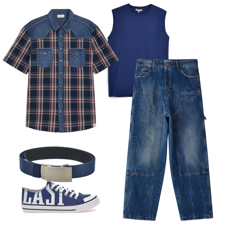 Outfit uomo - Blue Urban Heritage. Stile Urban per Tutti i giorni. Abbinamento con camicie a manica corta, jeans dritti, cinture, sneakers, canottiere.