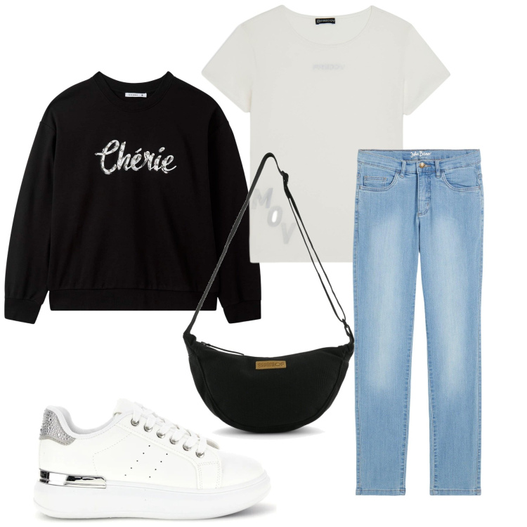 Outfit donna - Total look #2414092. Stile Basic per Scuola/Università. Abbinamento con jeans dritti, felpe, t-shirt, borse a tracolla, sneakers.