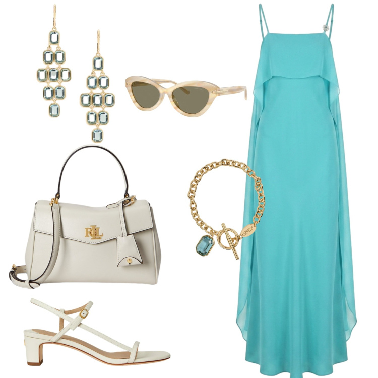 Outfit donna - Menta fresca. Stile Chic per Cerimonia. Abbinamento con vestiti lunghi, sandali in pelle, occhiali da sole, borse a mano, orecchini, braccialetti.