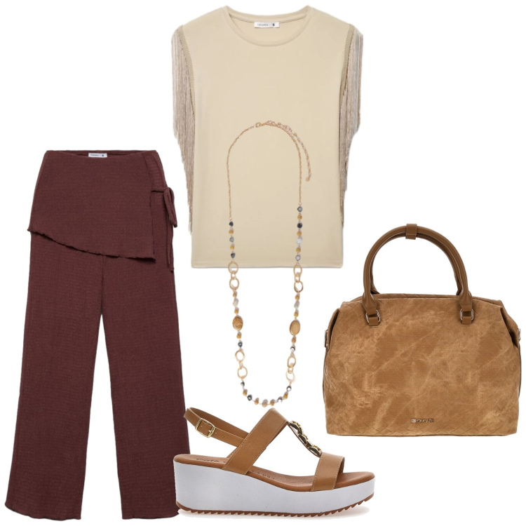 Outfit donna - Total look #2414097. Stile Basic per Ufficio. Abbinamento con t-shirt, pantaloni, collane, zeppe, borse a tracolla.