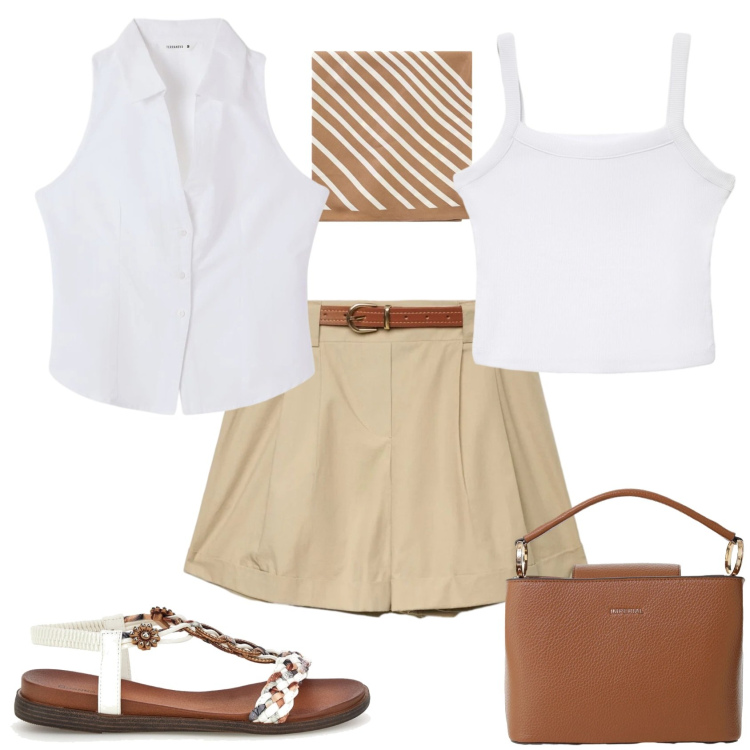 Outfit donna - Casual chic caldo in città. Stile Casual chic per Tutti i giorni. Abbinamento con shorts, top, canottiere, foulard, borse a secchiello, sandali.